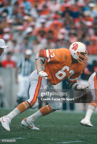 Lee Roy Selmon of the Tampa Bay Buccaneers in action during an NFL football game circa 1980 at Tampa Stadium in Tampa Bay, Florida. Selmon played for...