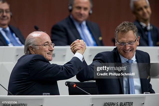 President Joseph S. Blatter shakes hands with FIFA Secretary General Jerome Valcke during the 65th FIFA Congress at Hallenstadion on May 29, 2015 in...