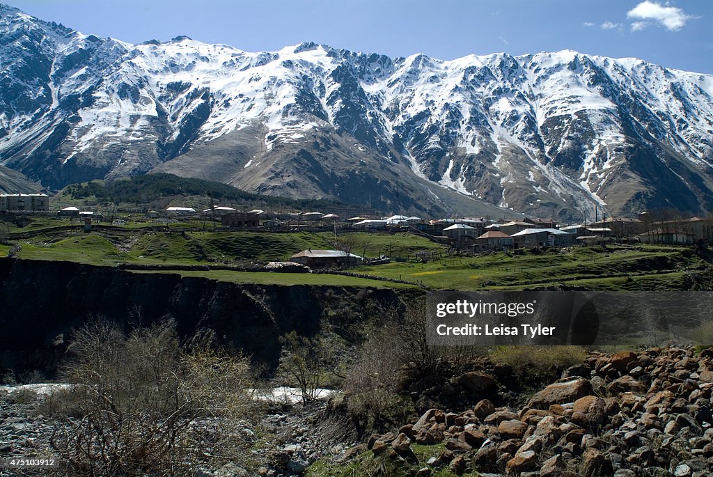 The village of Kazbegi or Stepantsminda in the Georgian...