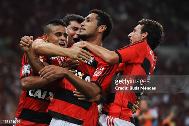 Everton, Elano and Hernane of Flamengo celebrate a scored against of Emelec during a match between Flamengo and Emelec as part of Copa Bridgestone...
