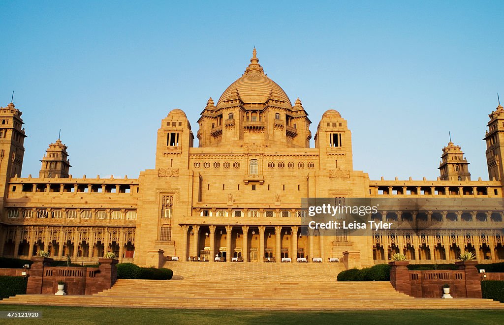 The facade of Umaid Bhawan palace. With 76 guest rooms,...