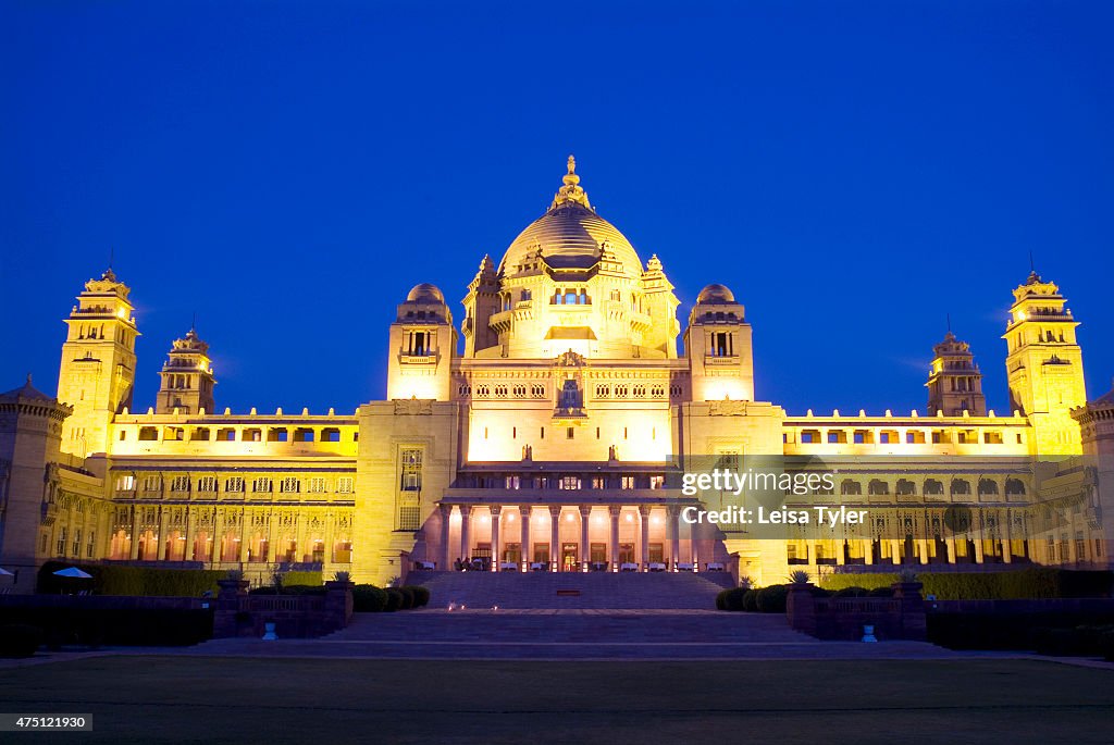 The facade of Umaid Bhawan palace. With 76 guest rooms,...