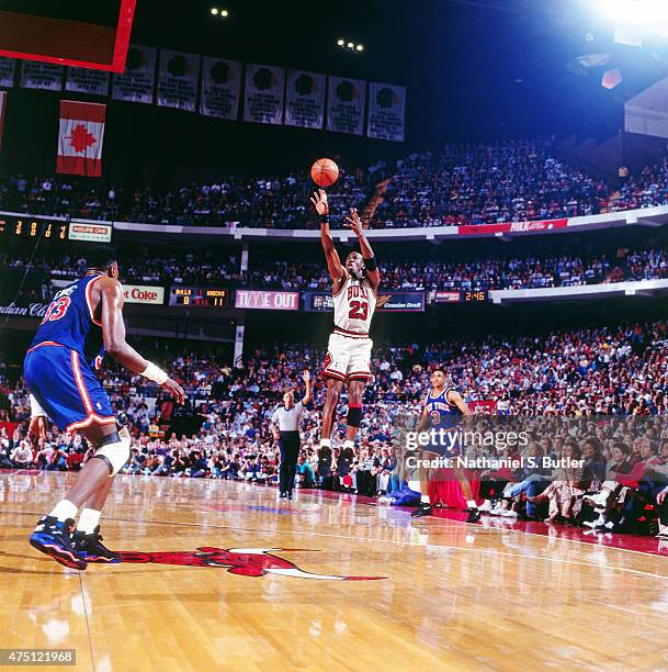 Michael Jordan of the Chicago Bulls shoots against the New York Knicks during Game Four of the 1993 Eastern Conference Finals on May 31, 1993 at...