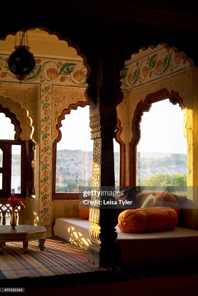 A guest room at Castle Bijaipur. Armed with his marble-white...