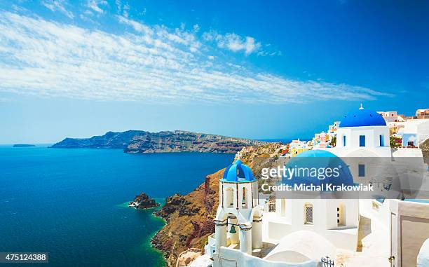 white church in oia town on santorini island in greece - travel destinations stock pictures, royalty-free photos & images