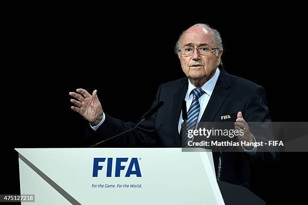 President Joseph S. Blatter talks during the 65th FIFA Congress at the Hallenstadion on May 29, 2015 in Zurich, Switzerland.