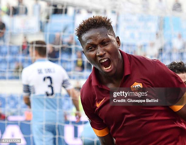 Mapou Yanga-Mbiwa of AS Roma celebrates after scoring the goal 1-2 during the Serie A match between SS Lazio and AS Roma at Stadio Olimpico on May...