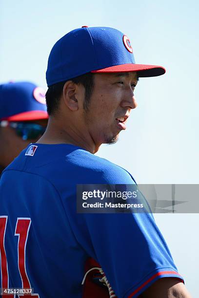 Kyuji Fujikawa of Chicago Cubs during the Chicago Cubs spring training on February 26, 2014 in Mesa, Arizona.