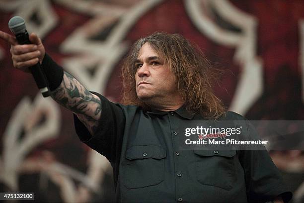 Steve Souza of Exodus performs on stage at the Veltins-Arena on May 29, 2015 in Gelsenkirchen, Germany.