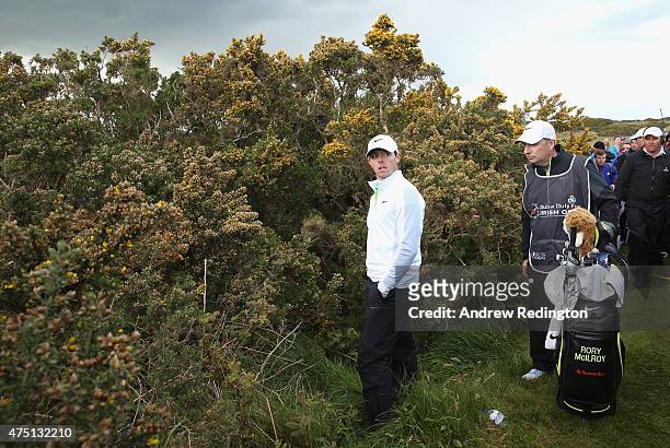 Rory McIlroy of Northern Ireland finds trouble on the 18th hole during the Second Round of the Dubai Duty Free Irish Open Hosted by the Rory...