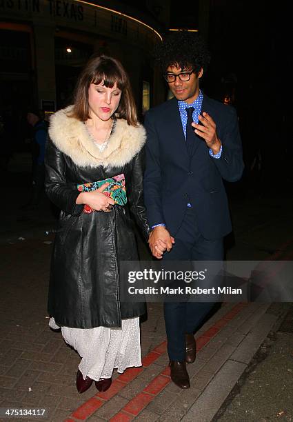 Richard Ayoade and Lydia Fox attend the NME awards on February 26, 2014 in London, England.