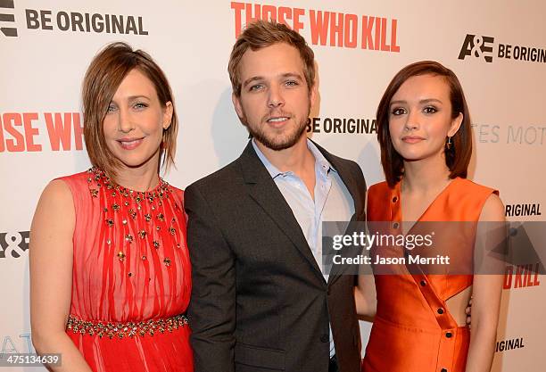 Actors Vera Farmiga, Max Thieriot and Olivia Cooke attend A&E's "Bates Motel" and "Those Who Kill" Premiere Party at Warwick on February 26, 2014 in...