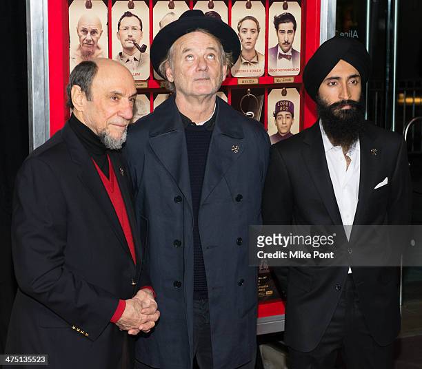 Actors F. Murray Abraham, Bill Murray, and Waris Ahluwalia attend "The Grand Budapest Hotel" premiere at Alice Tully Hall on February 26, 2014 in New...