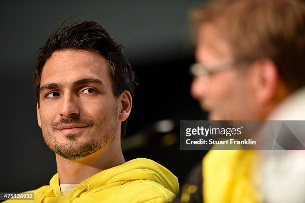 Team captain of Borussia Dortmund Mats Hummels talks to the media at Olympiastadion on May 29, 2015 in Berlin, Germany.