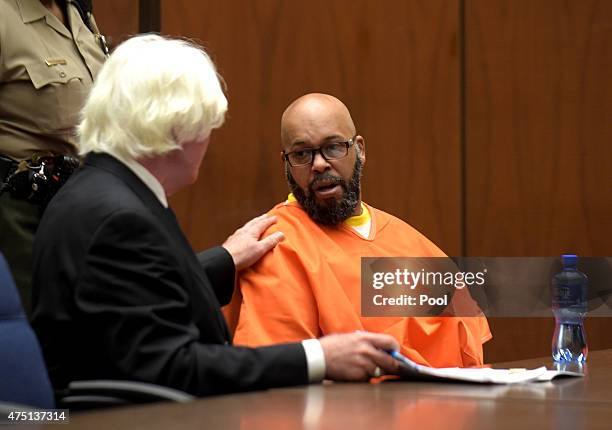 Marion 'Suge' Knight makes a court appearance with his lawyer Thomas Mesereau, for assault and robbery charges at Criminal Courts Building on May 29,...