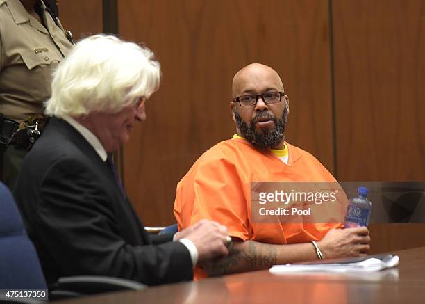 Marion 'Suge' Knight makes a court appearance with his lawyer Thomas Mesereau, for assault and robbery charges at Criminal Courts Building on May 29,...