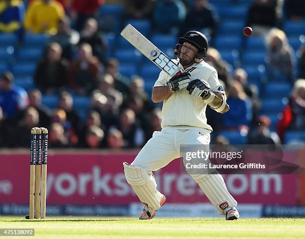 Luke Ronchi of New Zealand avoids a short ball from Stuart Broad of England during day one of the 2nd Investec Test Match between England and New...