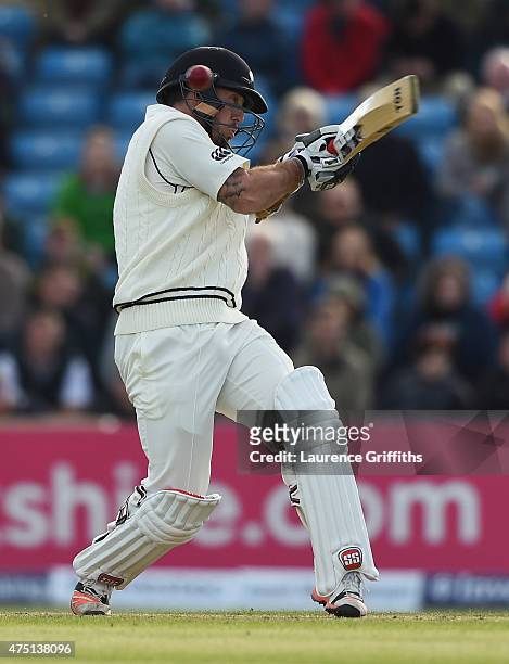 Luke Ronchi of New Zealand avoids a short ball from Stuart Broad of England during day one of the 2nd Investec Test Match between England and New...