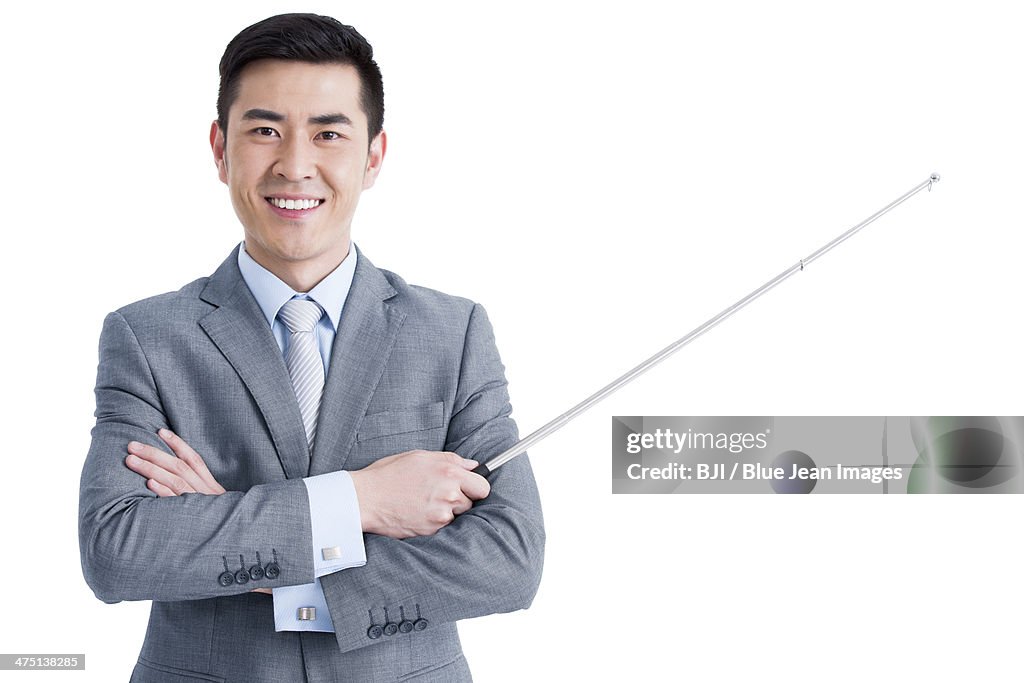 Male training specialist with pointer stick