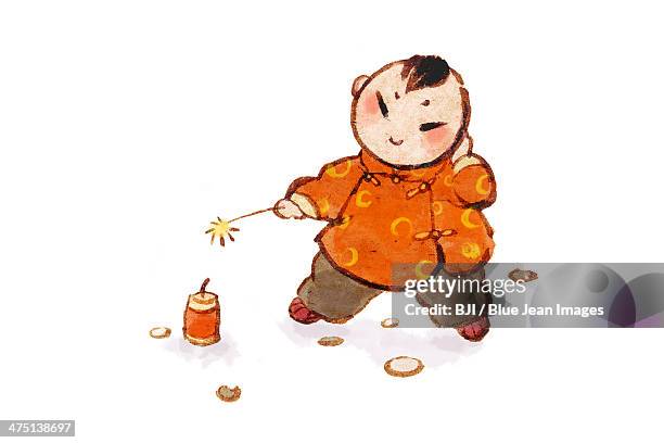 cute boy igniting firework - fingers in ears stock illustrations