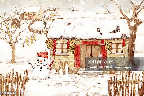 traditional house and snowman in winter - chinese traditional courtyard stock illustrations