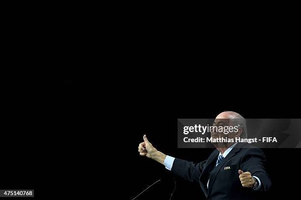 Joseph S. Blatter celebrates as he is re-elected as FIFA President after Presidential candidate H.R.H Prince Ali Bin Al Hussein of Jordan withdrew...