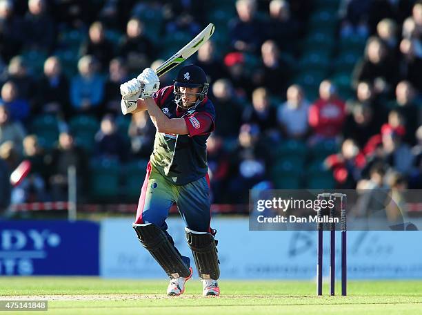 Callum Haggett of Kent Spitfires bats during the NatWest T20 Blast match between Kent and Surrey at The County Ground on May 29, 2015 in Beckenham,...