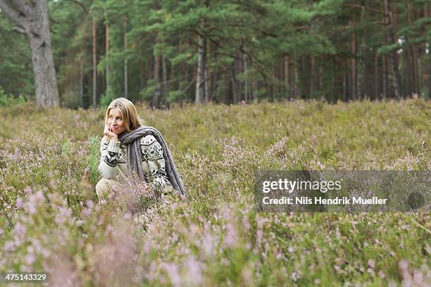 mid adult woman in meadow with hand on chin - luneburger heath stock pictures, royalty-free photos & images