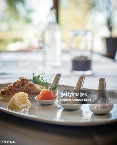 gourmet dish with individual servings on spoons - lulea stock pictures, royalty-free photos & images