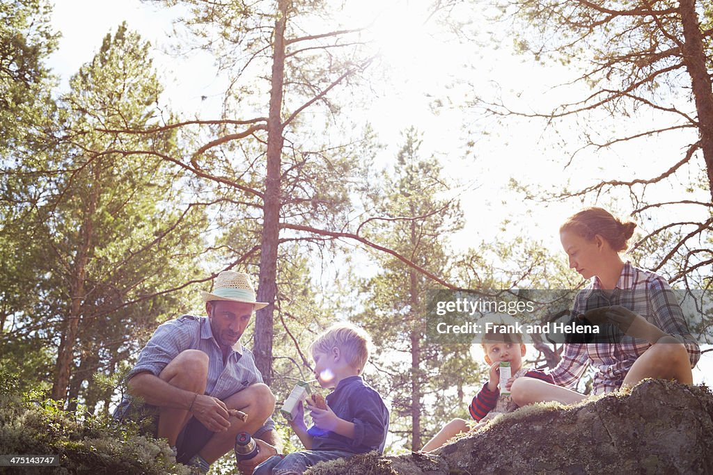 Family having picnic sitting on rocks