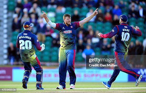 Matt Coles celebrates taking the wicket of Jason Roy of Kent Spitfires during the NatWest T20 Blast match between Kent and Surrey at The County...