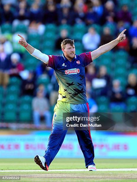 Matt Coles celebrates taking the wicket of Jason Roy of Kent Spitfires during the NatWest T20 Blast match between Kent and Surrey at The County...