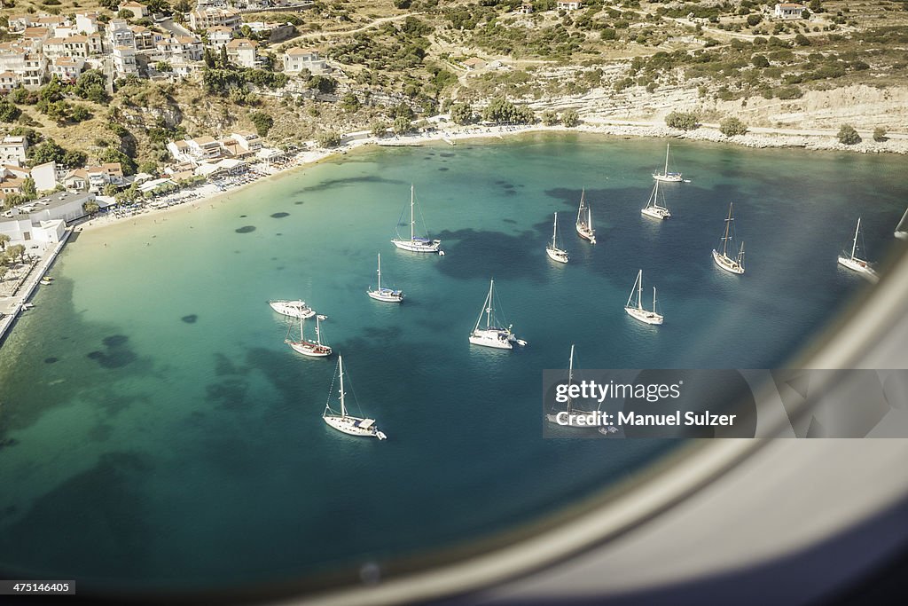 Aerial view of boats in bay at Pythagoreio, Samos, Greece