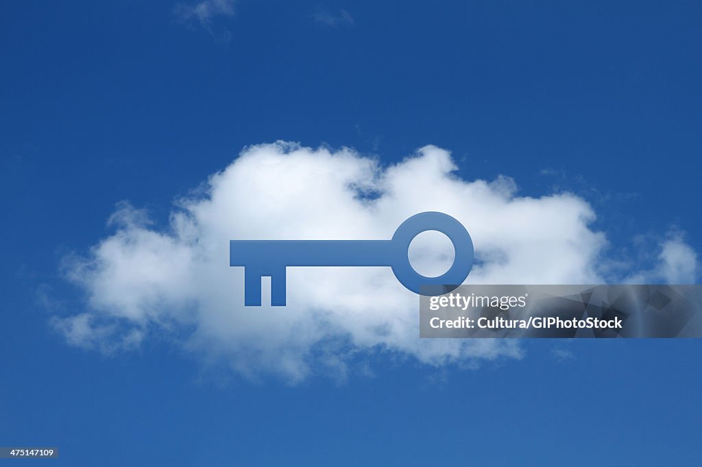 Digital composite of cloud with key shape cut out, secure cloud commitment