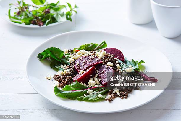 Still life of lentil, beetroot and feta salad