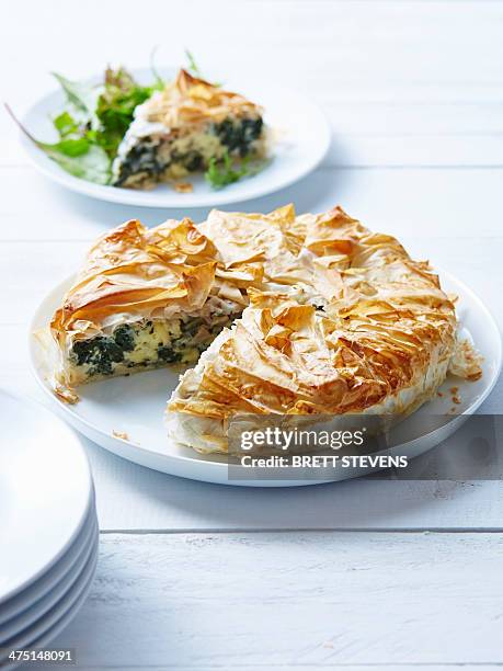 still life of spanakopita with sliced portion - brick photos et images de collection