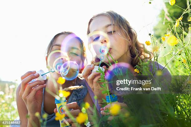 sisters sitting in field of flower blowing bubbles - child blowing bubbles stockfoto's en -beelden