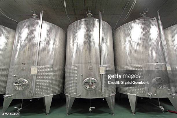 stainless steel vats on industrial wine cellar - vat stock pictures, royalty-free photos & images