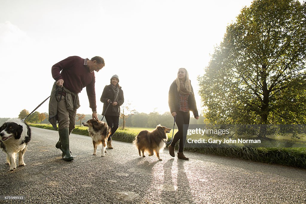 Senior couple and granddaughter with dogs, Norfolk, UK