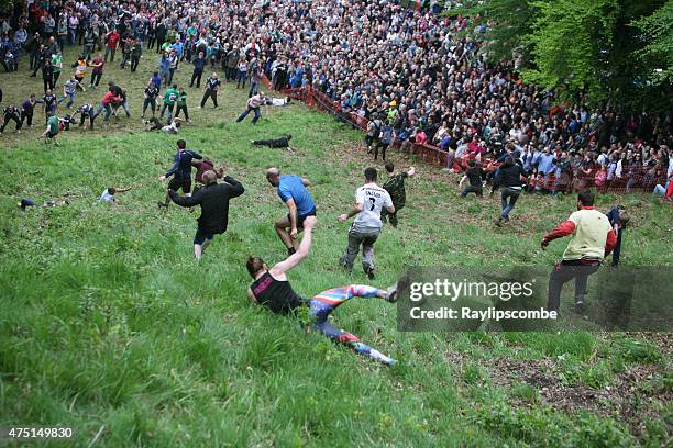 entrants chasing the cheese at the 2015 - coopers hill cheese rolling and wake stockfoto's en -beelden