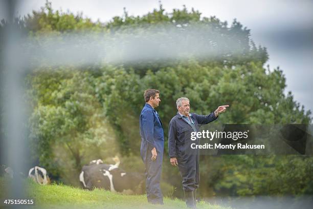 farmer and son discussing in field - imitation photos et images de collection