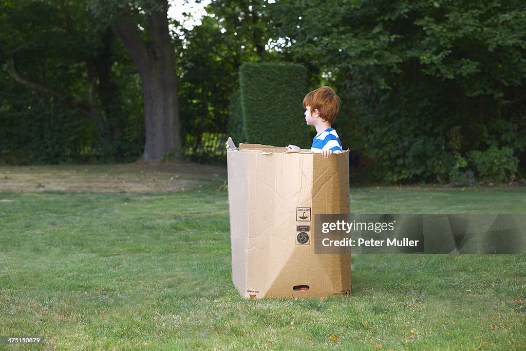 Young boy watching from cardboard box in garden