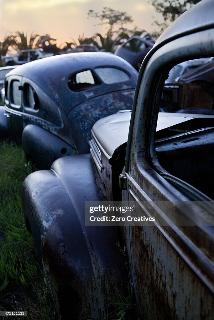 Vintage cars abandoned in scrap yard
