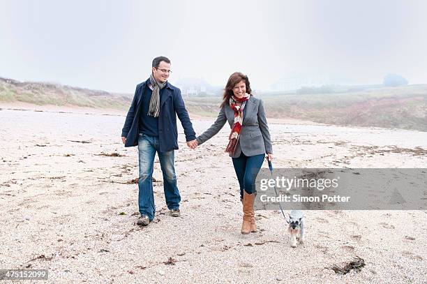 couple walking with dog on beach, thurlestone, devon, uk - romantic couple walking winter beach stock pictures, royalty-free photos & images