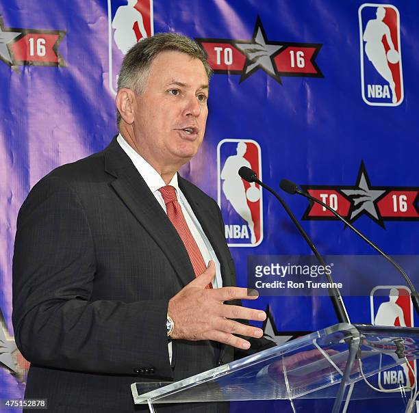 Tim Leiweke, president and CEO of Maple Leaf Sports & Entertainment attends the 2016 Toronto All-Star Weekend Logo Unveiling press conference on...
