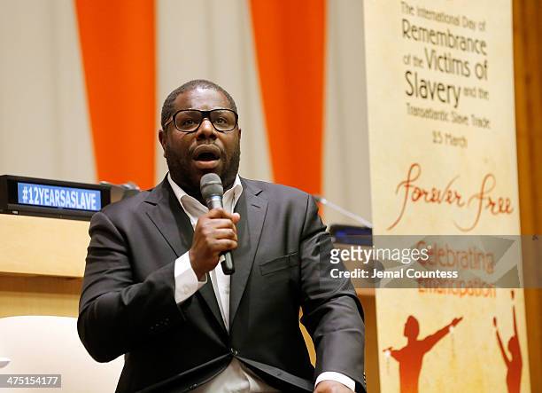 Director Steve McQueen speaks during a Q&A following a special screening of "12 Years A Slave" at the ECOSOC Chamber at the United Nations on...