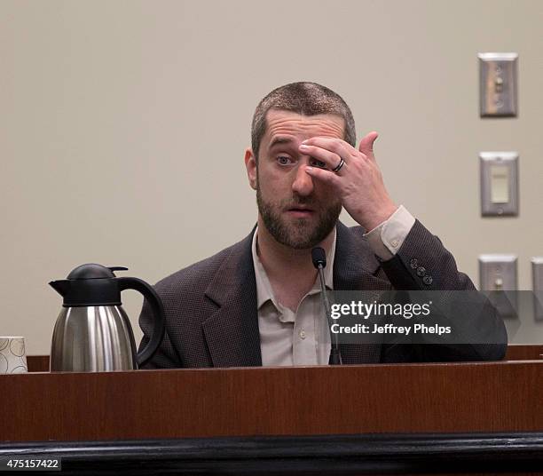 Dustin Diamond testifies in the courtroom during his trial in the Ozaukee County Courthouse May 29, 2015 in Port Washington, Wisconsin. Diamond, best...