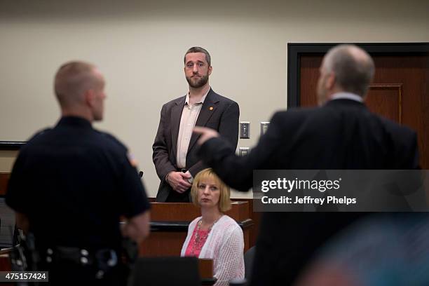 Dustin Diamond testifies in the courtroom during his trial in the Ozaukee County Courthouse May 29, 2015 in Port Washington, Wisconsin. Diamond, best...