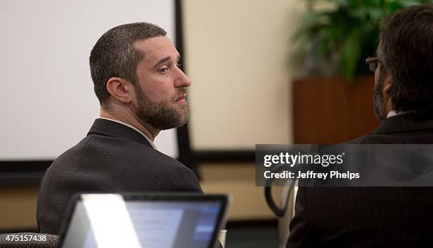 Dustin Diamond listens in the courtroom during his trial in the Ozaukee County Courthouse May 29, 2015 in Port Washington, Wisconsin. Diamond, best...