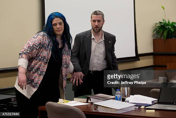 Dustin Diamond leaves with his fiancee, Amanda Schutz during his trial in the Ozaukee County Courthouse May 29, 2015 in Port Washington, Wisconsin....